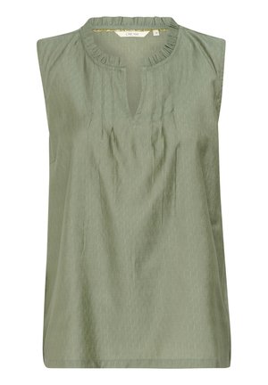 Haut sans manches vert olive avec un col froncé, une ouverture en V et des plis verticaux sur le devant, fabriqué à partir d'un tissu léger.
