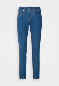 Blå lige ben jeans lavet af denim, med et standard fem-lomme design, en knaplukning og subtile udtoninger langs benene.