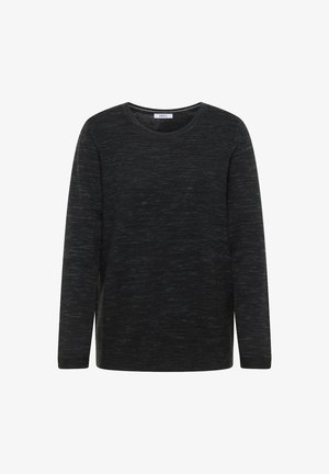 Suéter ligero de manga larga en gris oscuro, con un tejido texturizado, cuello redondo y corte relajado. La tela presenta un sutil patrón jaspeado.