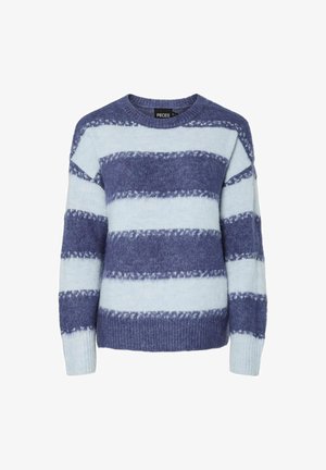 Adīta džemperis gaismas zilos un tumšzilos svītrās, ar apaļu kakla izgriezumu un garām piedurknēm ar ribotām malām. Mīksta tekstūra.