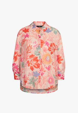 Camicia a bottone floreale in tessuto morbido e leggero. Presenta un mix di fiori rosa, arancioni e viola su uno sfondo pesca, con un colletto classico.