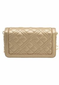 Quilted gold handbag with a rectangular shape, featuring a textured surface, stitched detailing, and a chain strap.