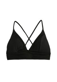 Zwarte triangulaire bikini-top met dunne, gekruiste bandjes op de rug. Gemaakt van glad materiaal, met een onderband voor ondersteuning.