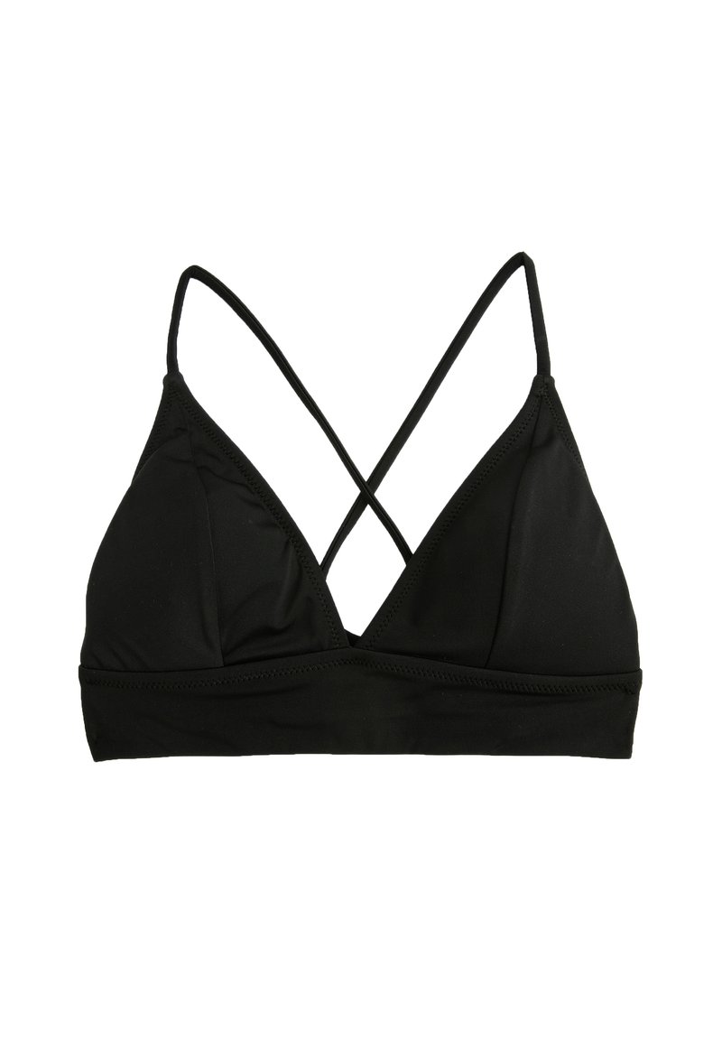 Zwarte triangulaire bikini-top met dunne, gekruiste bandjes op de rug. Gemaakt van glad materiaal, met een onderband voor ondersteuning.