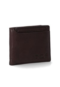 Dark brown leather wallet with multiple card slots, a smooth texture, and embossed logo. Compact design with rounded edges.