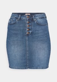 Denim skirt in medium blue with a fitted silhouette. Features a five-button front closure, two front pockets, and stitched hem.