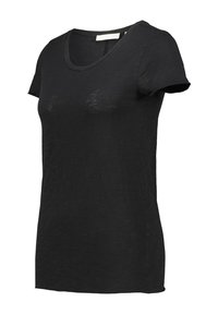 Schwarzes T-Shirt mit kurzen Ärmeln aus leichtem, strukturiertem Stoff mit rundem Ausschnitt und lockerer Passform.