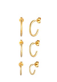 Orecchini a cerchio oro in tre stili: dimensioni piccole e grandi, con superfici lisce e clip a forma di fiore per una chiusura sicura.