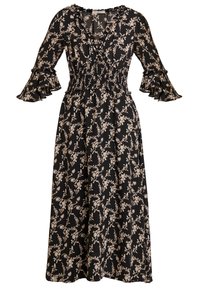 Floral-patterned black maxi dress with ruffled sleeves, smocked waist, and lightweight fabric. Features a scoop neckline and flowing silhouette.