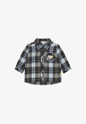 Camisa de cuadros de manga larga en azul marino, crema y azul claro. Presenta un bolsillo en el pecho con un bordado de un oso y cierre de botón. Material de algodón.