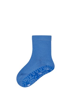 Single blue toddler sock with anti-slip rubber grips on the sole, showing size number 21, isolated on white background.