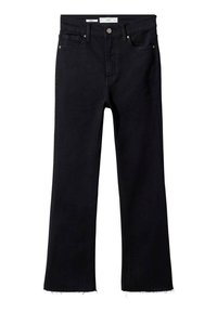 Mustat korkeavyötäröiset suorat farkut, joissa on etunappi ja vetoketju, viisi taskua ja raakareunat.