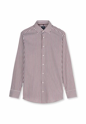 Camicia a maniche lunghe con bottoni, a righe verticali bianche e bordeaux con colletto classico, distesa su sfondo bianco.