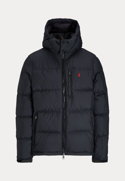 Black padded winter jacket with hood, front zipper, two side zip pockets, chest zip pocket, and small red logo on left chest.