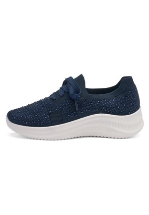 Navy blue knitted sneaker with small sparkling dots, lace-up front, and thick white cushioned sole for casual wear.