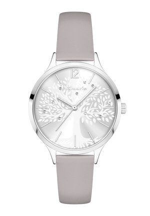 Runde silberne Uhr mit hellgrauem Lederarmband, einem Baumdesign mit Kristallakzenten auf dem Zifferblatt und silbernen Stunden- und Minutenmarkierungen.