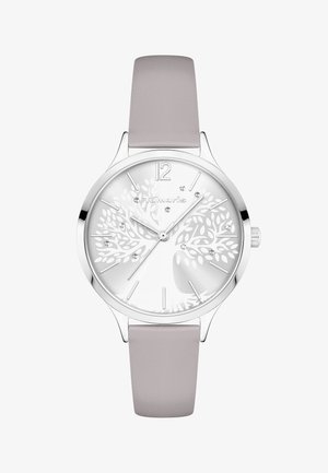 Round silver watch with light gray leather strap, a tree design with crystal accents on the dial, and silver hour and minute markers.