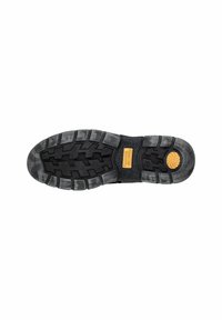 Semelle de botte en caoutchouc noir avec des motifs de semelle profonds, surface texturée et un accent circulaire au niveau du talon. Présente un logo rectangulaire près de l'arche.