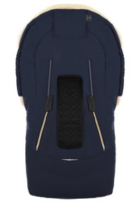 Navyblauwe gewatteerde baby voetenzak met een zachte crèmekleurige voering, voorzien van een geborduurd zwart paneel en verstelbare gordelopeningen voor een veilige bevestiging.