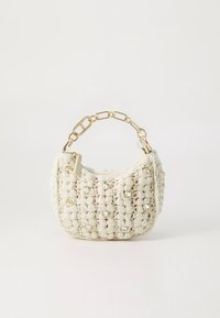 Heegeldatud käekott kreemjas toonis tekstuurse mustriga. Kuldkettaga sang ja dekoratiivsed rhinestones lisavad disainile elegantsi. Kompaktne ja ümar kuju.