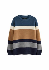 Stickad tröja med rund halsringning, prydd med horisontella ränder i blått, krämfärgat, brunt, marinblått och grått. Texturerat tyg och långa ärmar.