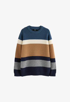 Gebreide trui met ronde hals, met horizontale strepen in blauw, crème, bruin, marineblauw en grijs. Textuurstof en lange mouwen.