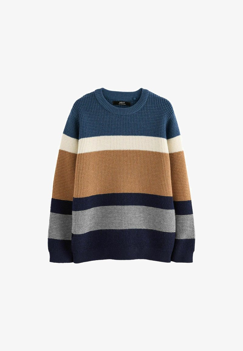 Gestrickter Pullover mit Rundhalsausschnitt, der horizontale Streifen in Blau, Creme, Braun, Marineblau und Grau aufweist. Strukturierter Stoff und lange Ärmel.