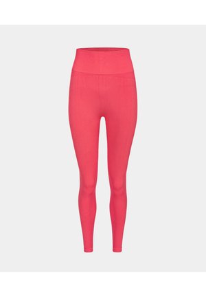 Legginsy z wysokim stanem w jaskrawym różu, wykonane z elastycznej tkaniny; gładka struktura bez widocznych wzorów czy elementów metalowych.