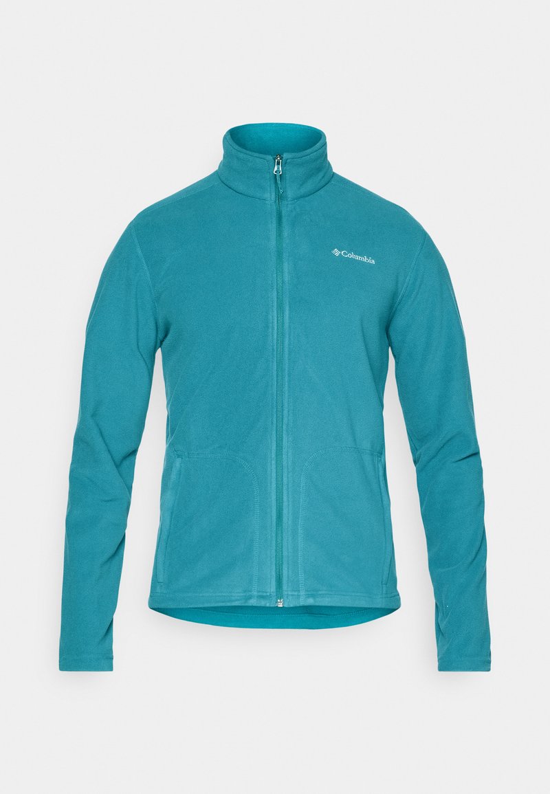 Turkusowa polarowa kurtka z wysokim kołnierzem i przednim zamkiem, z dwoma bocznymi kieszeniami oraz małym logo na górnej lewej części klatki piersiowej.