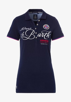 Polo da donna blu navy con maniche corte, patta con bottoni, testo e loghi ricamati in bianco e rosso e rifiniture rosse e blu sulle maniche.
