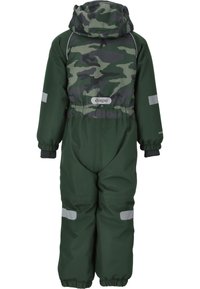 Groen camouflage sneeuwpak met een capuchon, elastische taille, versterkte knieën en reflecterende accenten op mouwen en benen. Zacht, textuurstof.