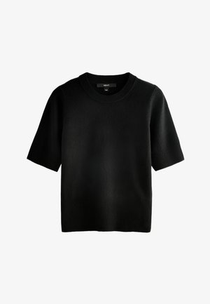 Black short-sleeve knit sweater with ribbed cuffs, hem, and crew neckline, labeled "NEXT," displayed on a white background.