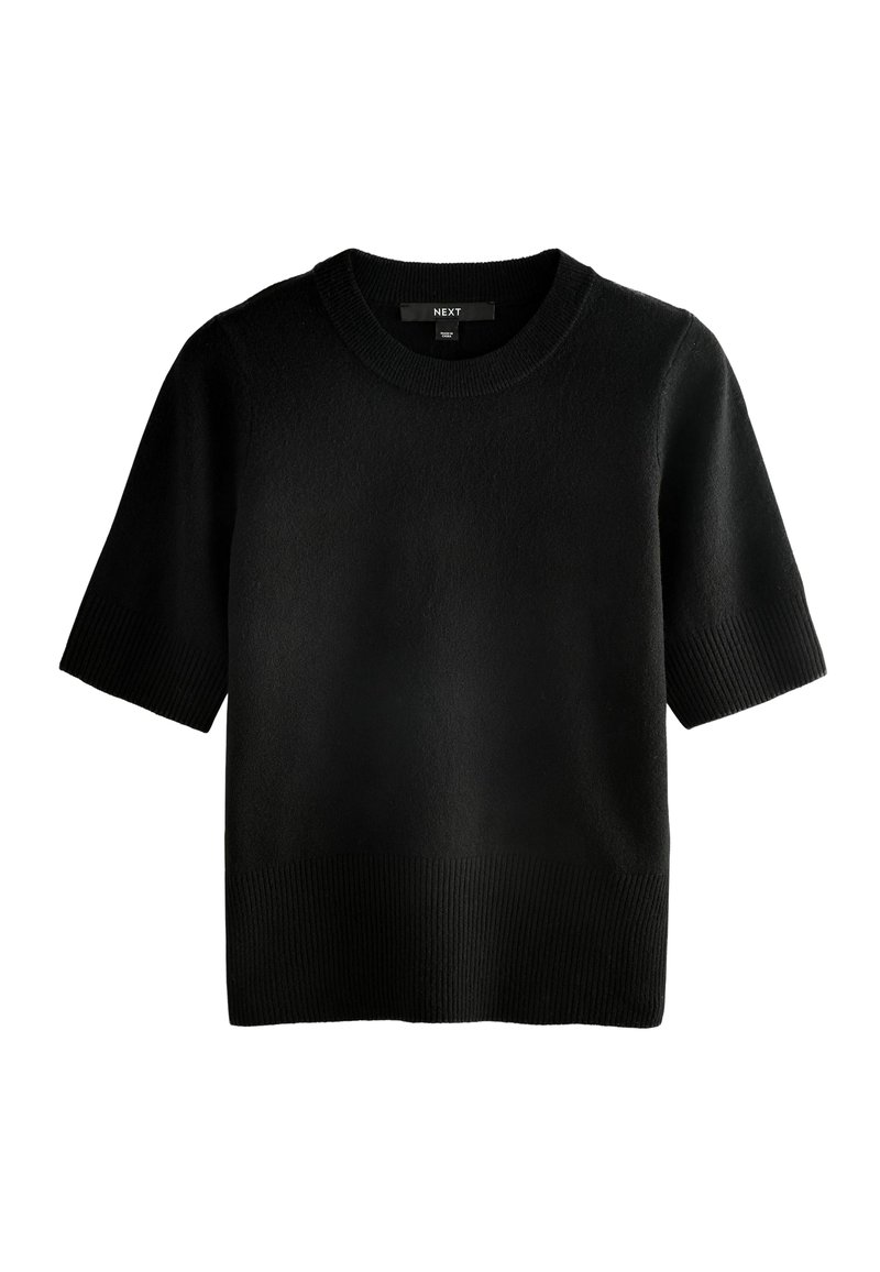 Black short-sleeve knit sweater with ribbed cuffs, hem, and crew neckline, labeled "NEXT," displayed on a white background.