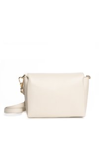 Krémová kožená crossbody taška s texturovaným povrchem, obdélníkovým tvarem, zlatými kovovými doplňky a nastavitelným popruhem pro pohodlí.