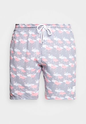 Herren Badeshorts mit hellem grauem Hintergrund, der ein sich wiederholendes Muster aus pinken Flamingos und weißen Wolken zeigt. Elastischer Bund mit Kordelzug.