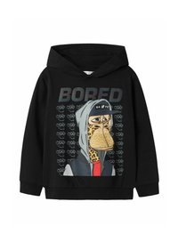Zwarte hoodie met een cartoon-aap grafiek met luipaardaccenten, het woord "BORED" in vette letters, en een grijze capuchon.