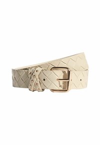 Woven cream belt made of faux leather, featuring a gold metal buckle and stud accents on the side, with a smooth, textured finish.