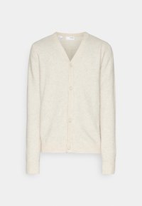 Krämfärgad kardigan i mjukt texturerat tyg, med V-ringning, knappar fram och ribbade ärmslut och nederkant.