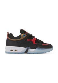 Black athletic sneakers featuring red and brown accents, mesh upper, padded collar, and a translucent blue sole with visible air cushioning.