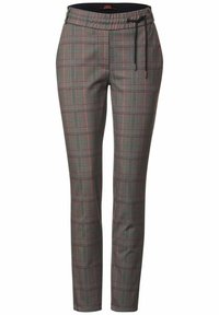 Šedé kostkované kalhoty s červenými a zelenými akcenty, vybavené elastickým pasem a šňůrkou pro nastavitelný střih. Upravený design, slim fit.
