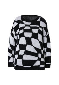 Maglione con motivo bianco e nero, caratterizzato da una texture morbida e pelosa, vestibilità oversize, scollo rotondo e forme astratte su tutta la stoffa.