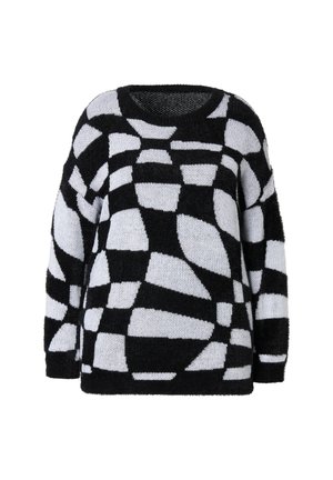 Zwart-wit gemusterde trui, met een zachte, pluizige textuur, oversized pasvorm, ronde halslijn en abstracte vormen over de stof.