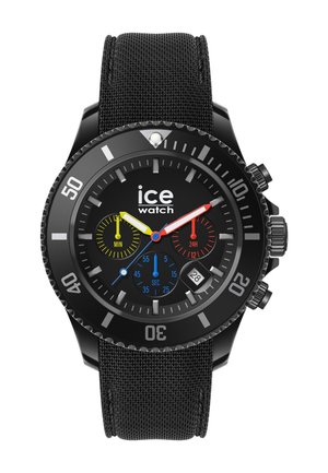 Montre Black Ice avec bracelet texturé, cadran noir, aiguilles rouges et jaunes, trois sous-cadrans, guichet date et lunette tournante avec marquages des minutes.