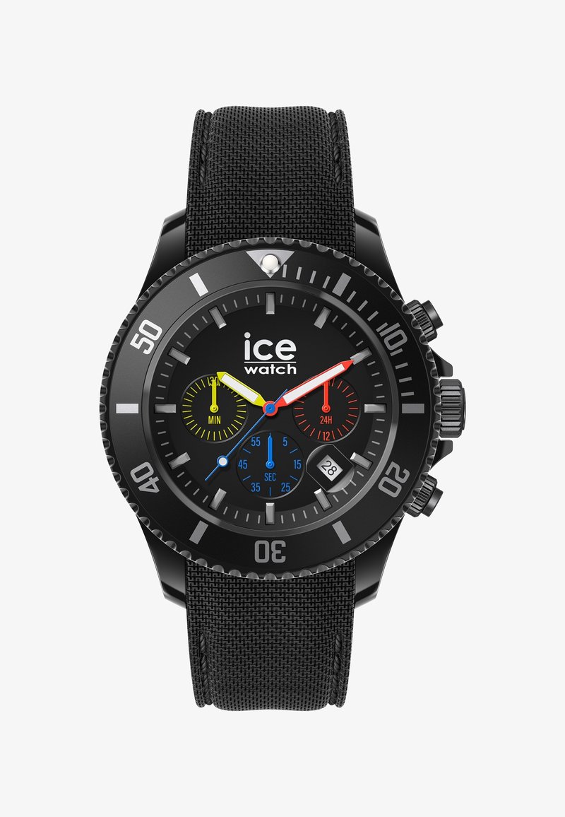 Montre Black Ice avec bracelet texturé, cadran noir, aiguilles rouges et jaunes, trois sous-cadrans, guichet date et lunette tournante avec marquages des minutes.