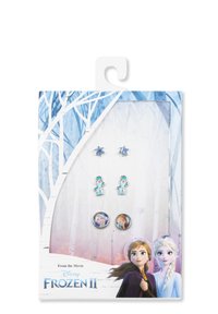 Set von Ohrringen zu "Die Eiskönigin II" mit silbernen Stern-Ohrsteckern, blauen Schneemann-Hängern und runden Ohrringen mit Charakterbildern. Montiert auf einer Karte mit schneebedecktem Design.