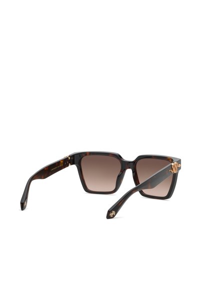 Lunettes de soleil carrées en écaille avec verres marron dégradés et accents décoratifs dorés en forme de serpent sur les branches.