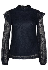 Námořnická krajková blůza s dlouhými průhlednými rukávy, nařasenými akcenty na ramenech a vysokým límcem s texturovaným vzorem po celém povrchu.