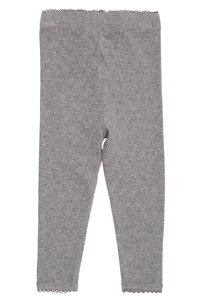 Szürke mintás leggings, textúrált dizájnnal, rövidített hosszal és díszítő csipke szegéllyel a deréknál és az alján. Puha anyag.