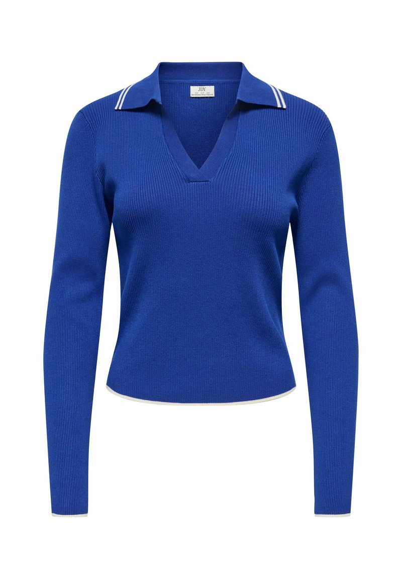 Maglione blu lavorato a maglia con scollo a V e maniche lunghe, caratterizzato da un colletto rifinito in bianco con due righe orizzontali.