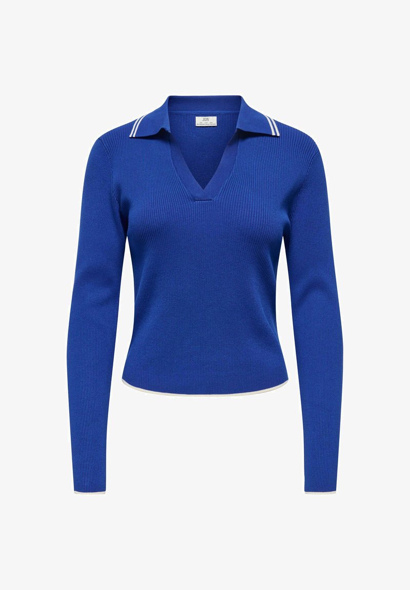 Maglione blu lavorato a maglia con scollo a V e maniche lunghe, caratterizzato da un colletto rifinito in bianco con due righe orizzontali.